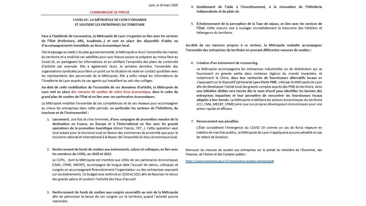 Mesures économiques de soutien de la part de la métropole de Lyon