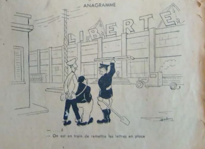 Ce dessin est issu de la revue Contact d’octobre 1944. En mai 1968, des ouvriers grévistes ont reproduit l’anagramme « Liberté » sur les toits de l’usine, sans que l’on puisse affirmer qu’ils ont été inspirés ou non par ce dessin… ©IHS de la CGT de Lyon