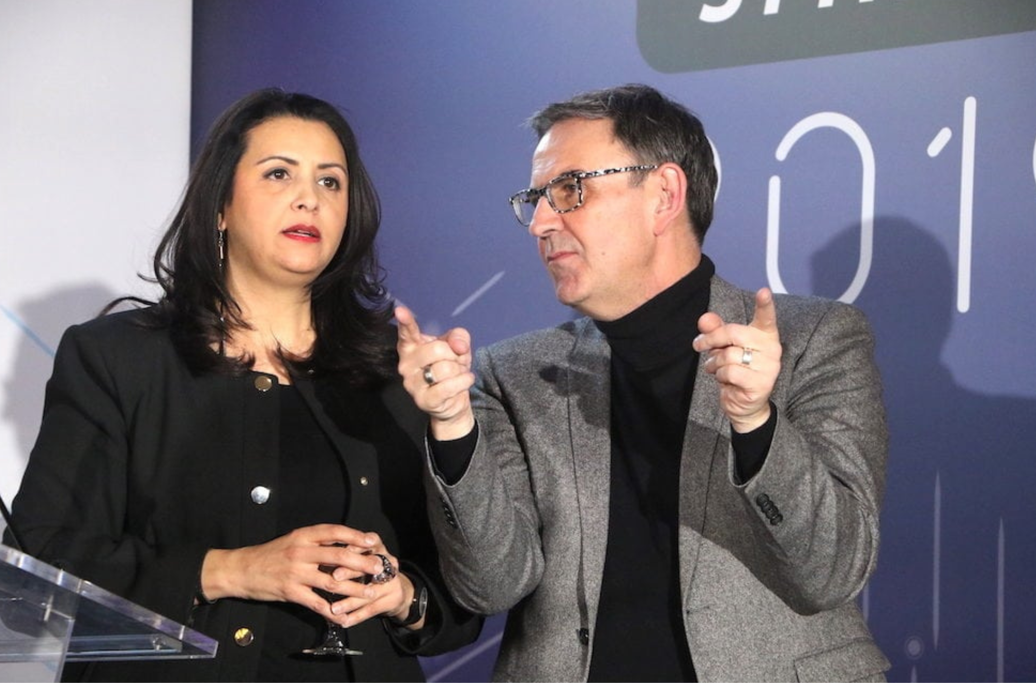 Au voeux du SYTRAL au Grand Hôtel-Dieu, Fouziya Bouzerda Présidente du SYTRAL et David Kimelfeld président de la Métropole de Lyon. Vendredi 25 janvier 2019. ©MG/Rue89Lyon